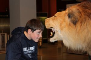 A Dayspring Christian Academy student stares down a lion's mouth on a field trip to the Carnegie & Creation Museums.