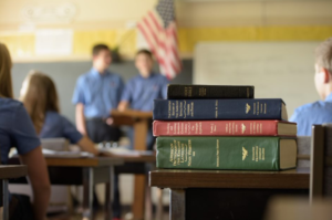 Webster's 1828 Dictionary lays on a table in a classroom at Dayspring Christian Academy.