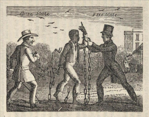 Allegorical illustration of a slave’s transition to liberty as he escapes his owner and is embraced by an Abolitionist in a Free State. Engraving taken from the book, 'Narrative of the Life and Adventures of Henry Bibb, An American Slave', 1849. Public Domain.