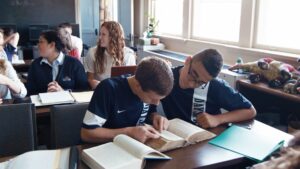 Dayspring christian academy students study the Bible together in class