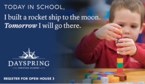 A poster for open house registration at Dayspring Christian Academy in Mountville, PA.