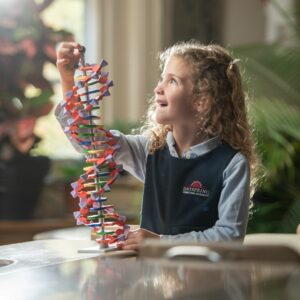 A Dayspring student studying a DNA structure model